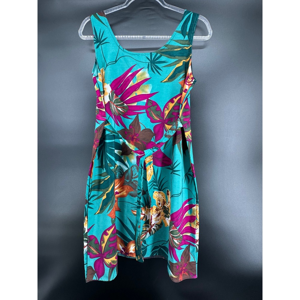 Vintage Y2K Looking Good Tropical Floral Mini Dress Tie Front Teal Medium USA‎
